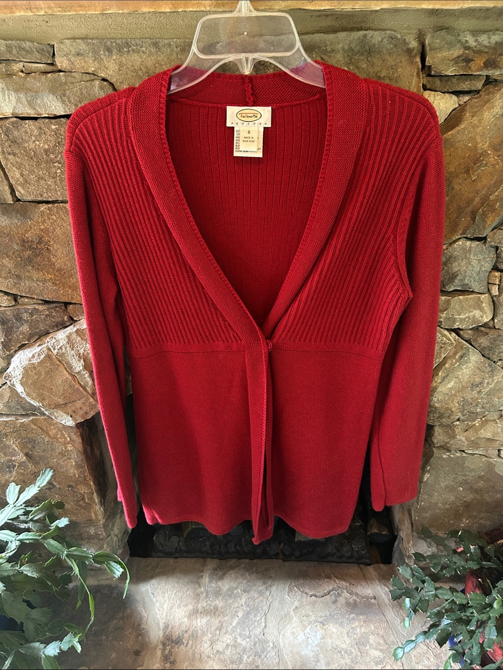 Talbots Deep Red Ribbed V-Neck Snap Button Front Cardigan; Size Small Petite